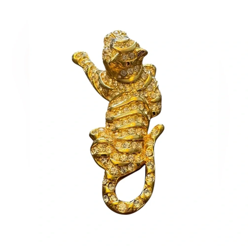 Trifari Vintage Gold and Crystal Tiger Brooch